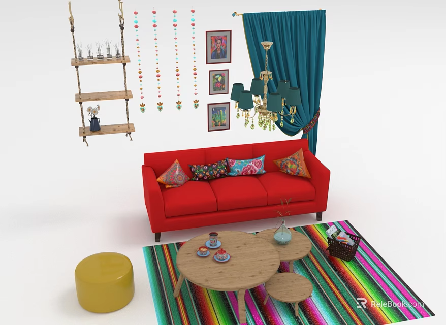 Red Sofa And Wooden Coffee Table Set With Colorful Cushions Striped Rug And Yellow Ottoman 3d model 