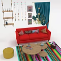 Red Sofa And Wooden Coffee Table Set With Colorful Cushions Striped Rug And Yellow Ottoman