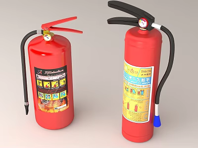 Red Fire Extinguishers With Safety Labels And Usage Instructions For Fire Safety 3d model