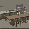 Outdoor Dining Table Set with Wicker Chairs Built in Grill Sink and Flower Vase