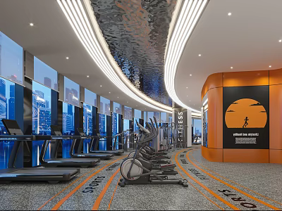Modern Fitness Center With Treadmills Elliptical Machines City View Windows And Inspirational Wall 3d model