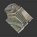 Cartoon Scene of Green Fields Winding Path and Red Brick Tower in Aerial View Grassland