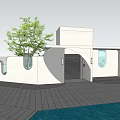 Modern Entrance Gate With Arched Design White Building Green Plants And Pink Mailbox