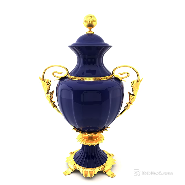 Blue And Gold Decorative Vase With Floral Patterns And Ornate Handles 3d model 