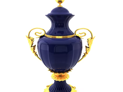 Blue And Gold Decorative Vase With Floral Patterns And Ornate Handles 3d model