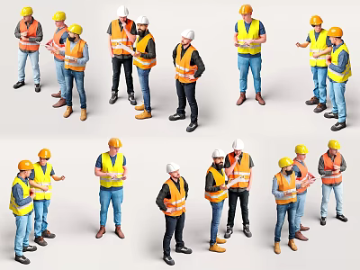 Group of Construction Workers in Safety Vests and Hard Hats Standing in Different Poses 3d model