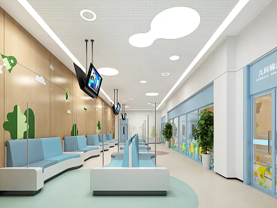 Pediatric Waiting Area With Light Blue Sofas And Cartoon Decor 3d model