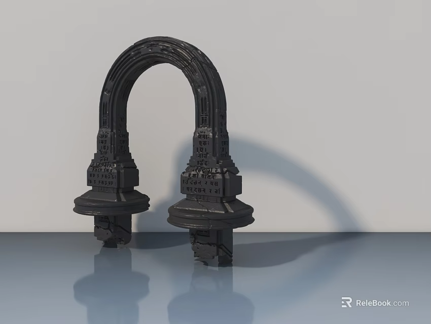 Elegant Black Swing Door Featuring Arched Decorative Frame And Ornate Pillar Bases 3d model 