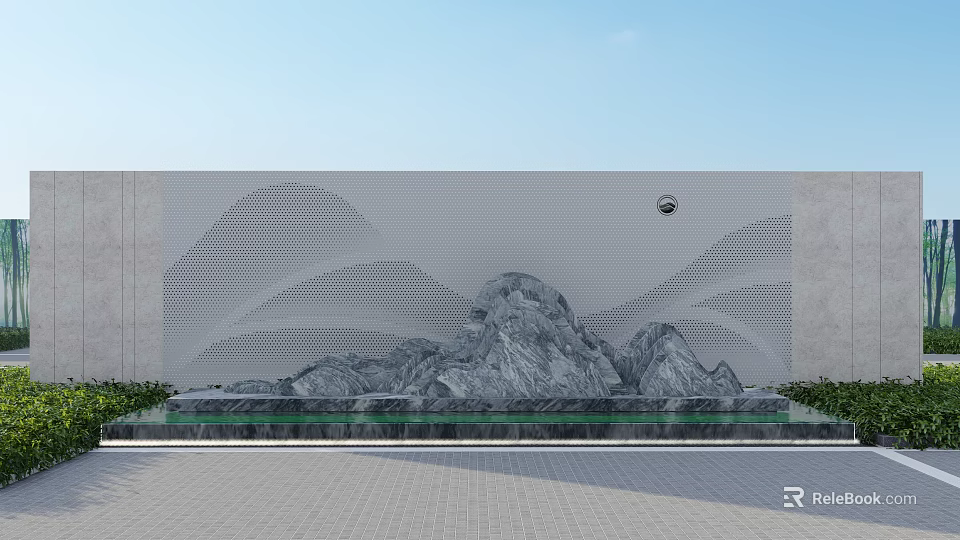 Modern Stone Feature Wall With Mountain Design Wavy Patterns Water Basin And Green Plants 3d model 