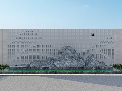 Modern Stone Feature Wall With Mountain Design Wavy Patterns Water Basin And Green Plants 3d model