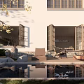 Modern White Detached Villa Exterior With Two Windows Trees Fence And Front Patio