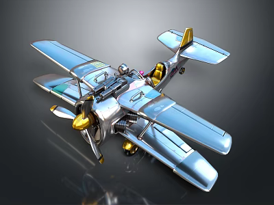 Aerospace Spacecraft Model Featuring Blue Body Golden Propeller Twin Wing And Detailed Components 3d model