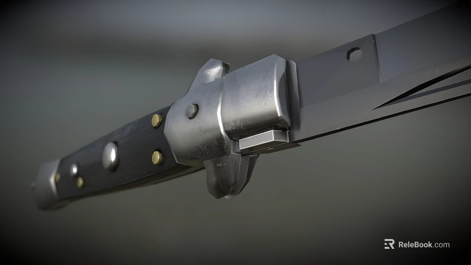 Sharp Sword With Silver Blade Black Handle And Metal Rivets Close Up View 3d model 