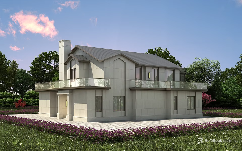 Two Story Detached Villa With Light Exterior Gray Roof Glass Railing Balcony And Greenery Surroundings 3d model 