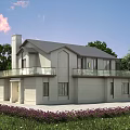 Two Story Detached Villa With Light Exterior Gray Roof Glass Railing Balcony And Greenery Surroundings