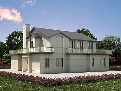 Two Story Detached Villa With Light Exterior Gray Roof Glass Railing Balcony And Greenery Surroundings 3d model