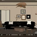 Elegant Modern Living Room Interior Design With Black Sofa Wooden Coffee Table And Framed Artworks