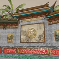 Chinese Traditional Scenic Wall With Red Gold Fu Character And Traditional Carvings