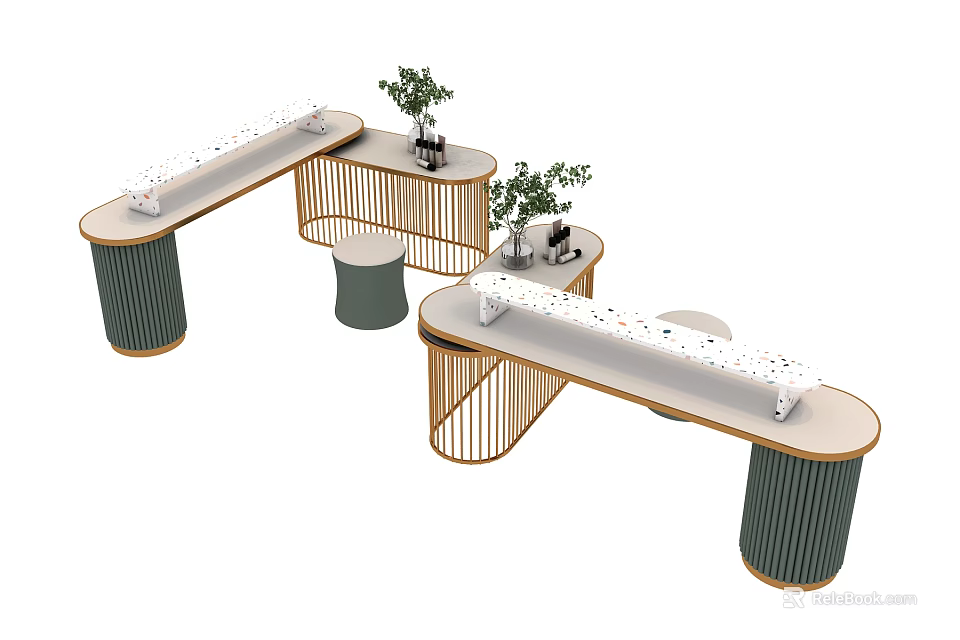 Modern Display Shelves With Curved White Countertop Gold Frame And Green Plant Decor 3d model 