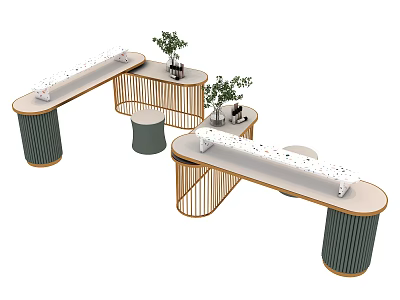 Modern Display Shelves With Curved White Countertop Gold Frame And Green Plant Decor 3d model