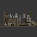 Rustic Storage Building With Wooden Crates Stacked Sacks Clay Pots And Small Tree