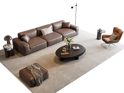 Brown Leather Sofa And Coffee Table Set With Flowers Books Armchair Floor Lamp And Rug 3d model