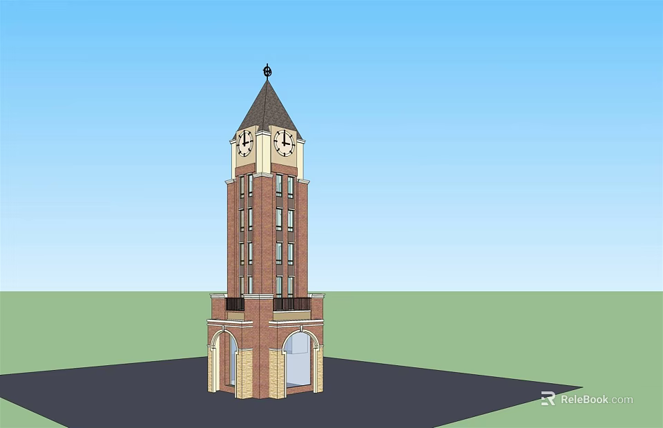 Bricked Clock Tower With Spire Arched Doors And Green Lawn Under Blue Sky 3d model 