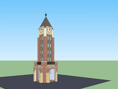 Bricked Clock Tower With Spire Arched Doors And Green Lawn Under Blue Sky 3d model