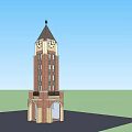 Bricked Clock Tower With Spire Arched Doors And Green Lawn Under Blue Sky