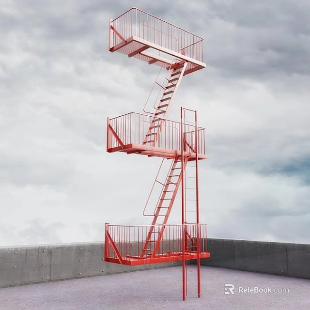 Red Outdoor Fire Escape Stairs With Multiple Platforms Against Cloudy Sky And Gray Wall 3d model
