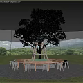 Decorative Tree With Yellow Lanterns Wooden Ladder And Round Wooden Stools At Night