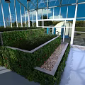 Industrial Factory Building with Glass Facade in Green Outdoor Area Under Blue Sky and Clouds