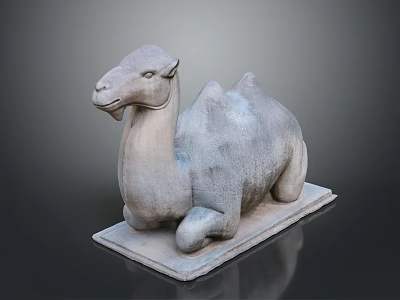 Detailed Recumbent Gray Stone Camel Sculpture on Square Base 3d model