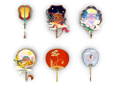 Chinese Traditional Decorative Pendants With Fan Shaped Designs Ancient Architecture Lotus And Crane Patterns 3d model