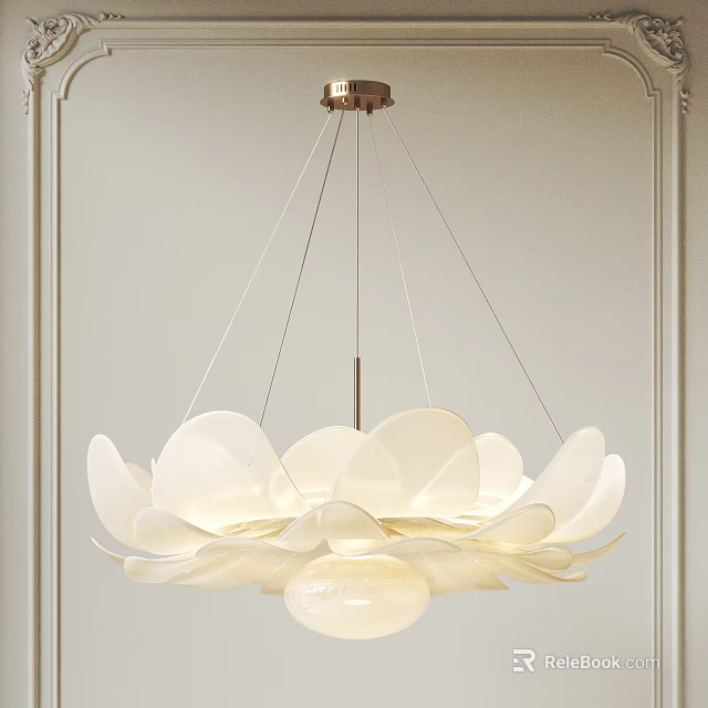 Elegant Petal Shaped White Chandelier With Brass Frame And Soft Lighting 3d model 
