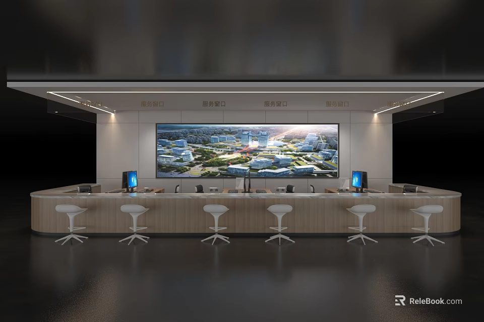 Modern Front Desk Backdrop Wall With Large Decorative Painting Wooden Counter And Bar Stools 3d model 