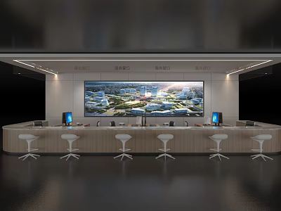 Modern Front Desk Backdrop Wall With Large Decorative Painting Wooden Counter And Bar Stools 3d model