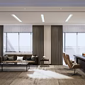 Modern Office Interior With Large Windows Sofa Desk Chairs And Decorative Painting