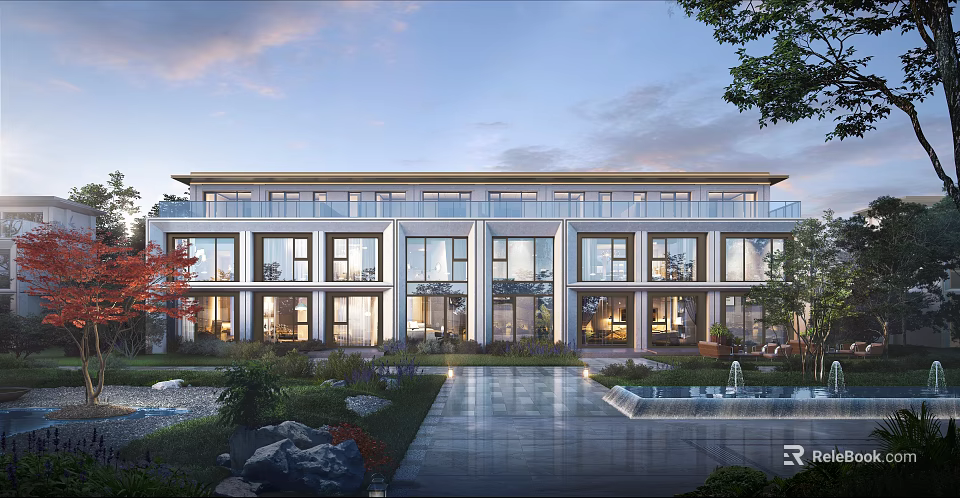 Modern Residential Building Exterior With Large Glass Windows Courtyard Greenery And Water Features 3d model 