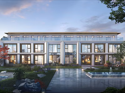 Modern Residential Building Exterior With Large Glass Windows Courtyard Greenery And Water Features 3d model