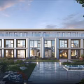 Modern Residential Building Exterior With Large Glass Windows Courtyard Greenery And Water Features