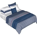 Double Bed with Blue Gray Quilt Red Stripes and White Blue Pillows 3d model