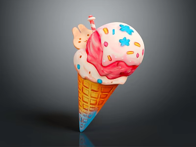 Delicious Ice Cream Cone With Waffle Cone Pink White Scoops And Colorful Sprinkles Blue Stars 3d model