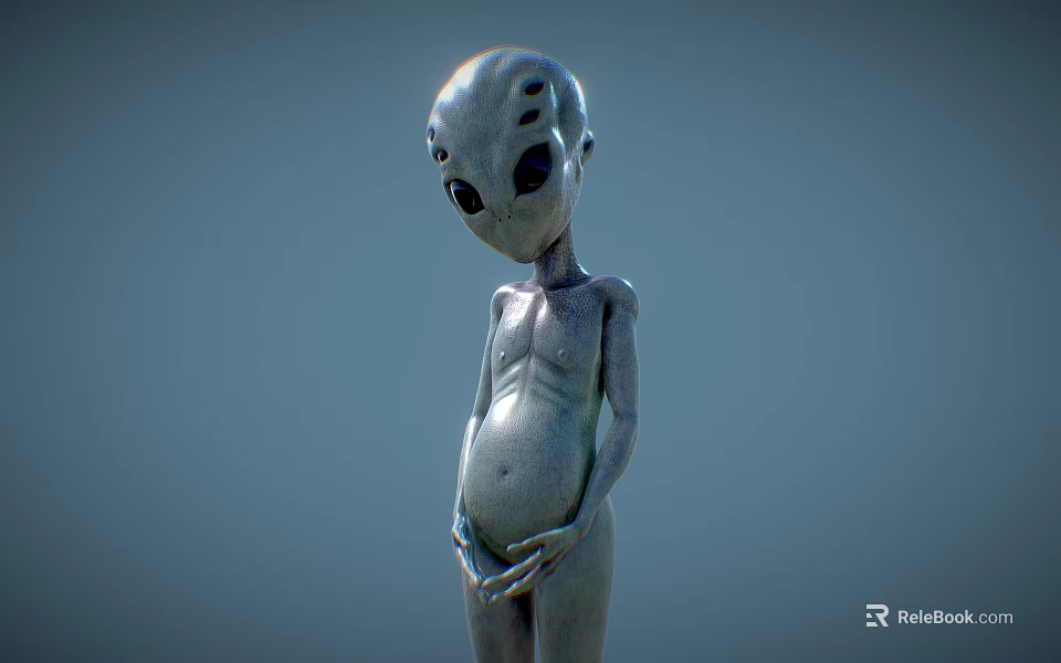 Silver Alien With Large Head Big Black Eyes Hands On Abdomen And Light Blue Background 3d model 