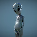 Silver Alien With Large Head Big Black Eyes Hands On Abdomen And Light Blue Background
