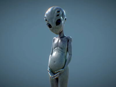 Silver Alien With Large Head Big Black Eyes Hands On Abdomen And Light Blue Background 3d model