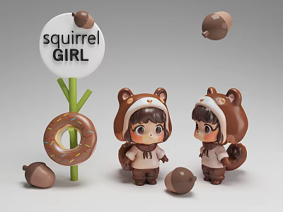 Adorable Squirrel Girl Dolls In Brown Squirrel Costumes With Donut And Acorns 3d model