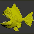 Cartoon Fantasy 3D Fish Character With Blue Body Red Fins Sharp Teeth And Open Mouth