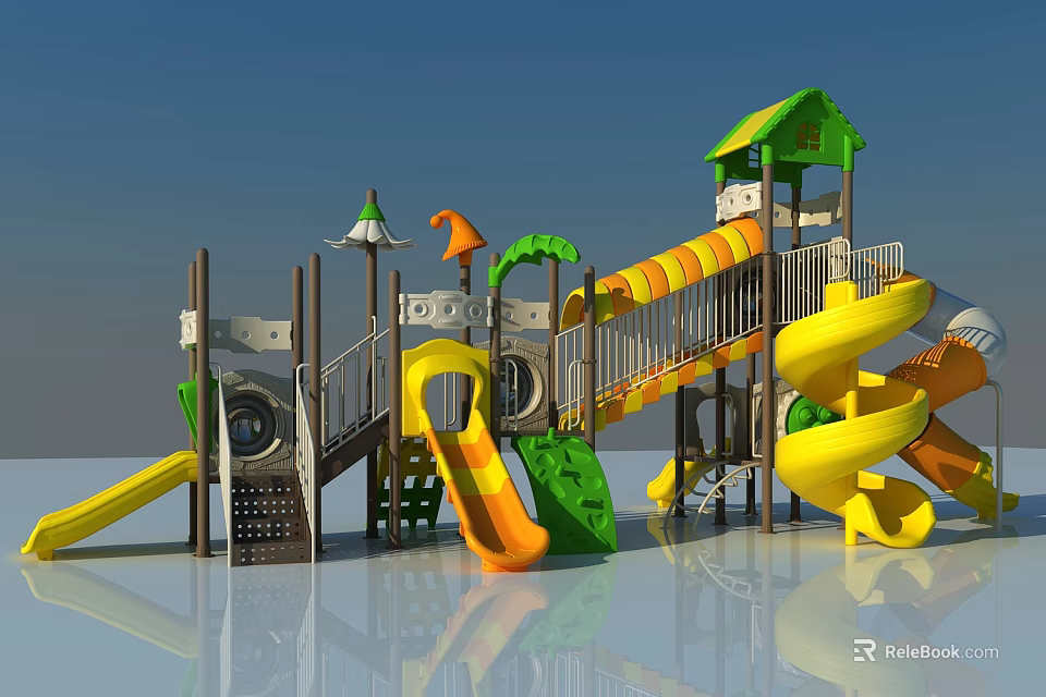 Colorful Outdoor Playground Equipment with Yellow Green Orange Slides Platforms and Stairs 3d model 