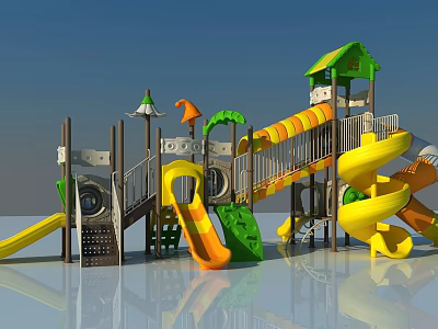 Colorful Outdoor Playground Equipment with Yellow Green Orange Slides Platforms and Stairs 3d model